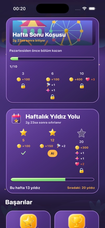 Etkinlikler: süreli etkinlik, haftalık yıldız yolu ve başarılar